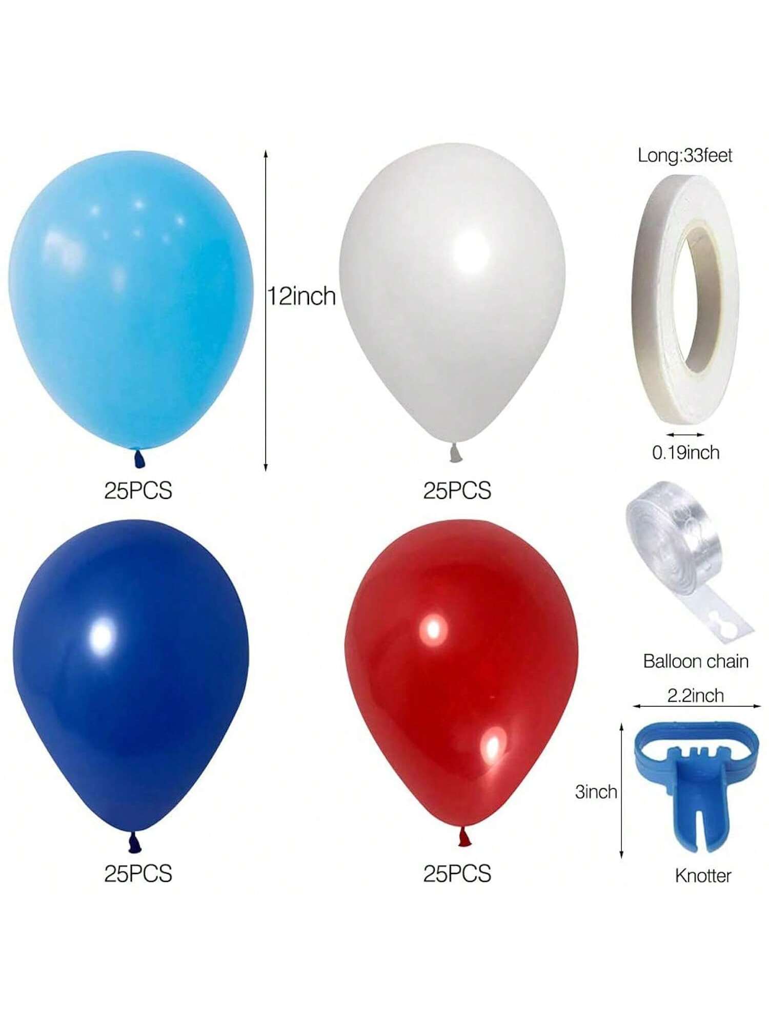 Red, White & Blue Balloon Arch Kit Includes Strip Tape, Ribbon, And Knotting Tool