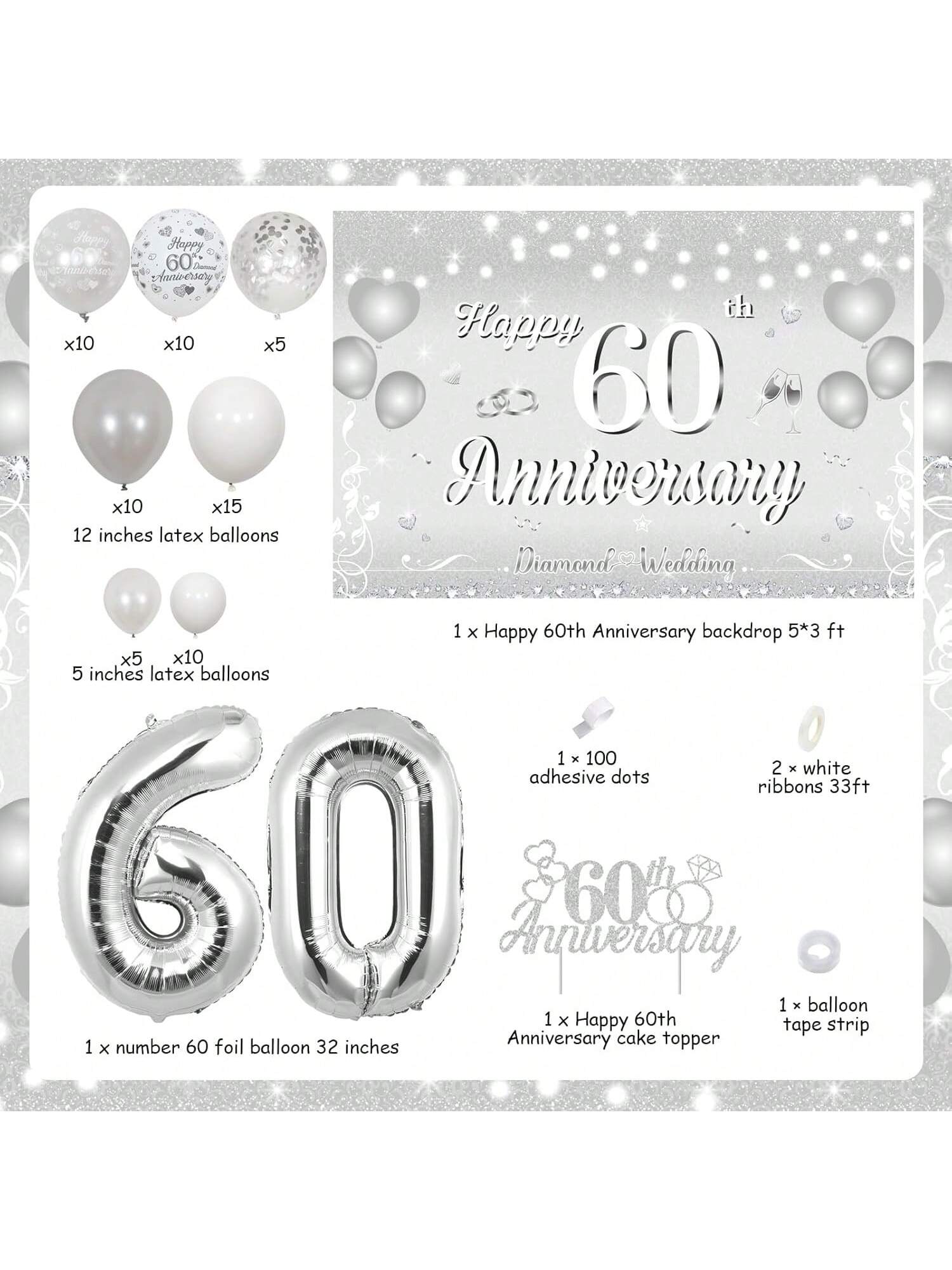 60th Diamond Anniversary Decorations Silver White Balloon Garland Backdrop Cake Topper