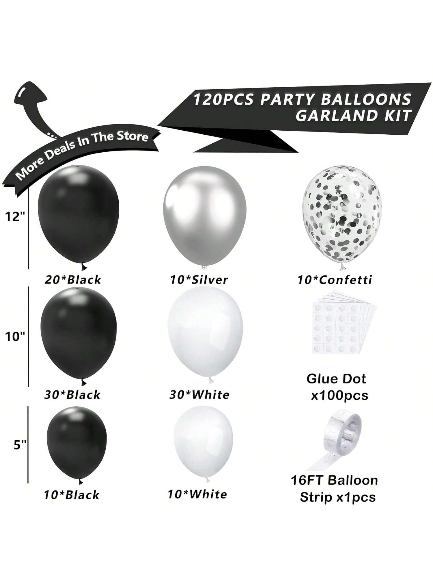 120-Pc Black and Silver Balloon Kit with Confetti Arch for Graduation, Wedding, or Shower