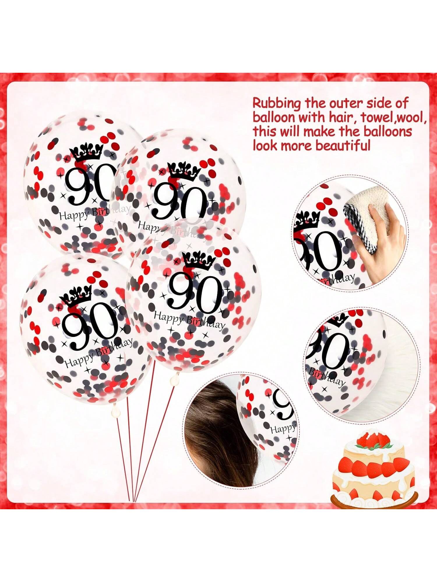 90th Birthday Balloon Set 16-Piece Red and Black for Party Decorations