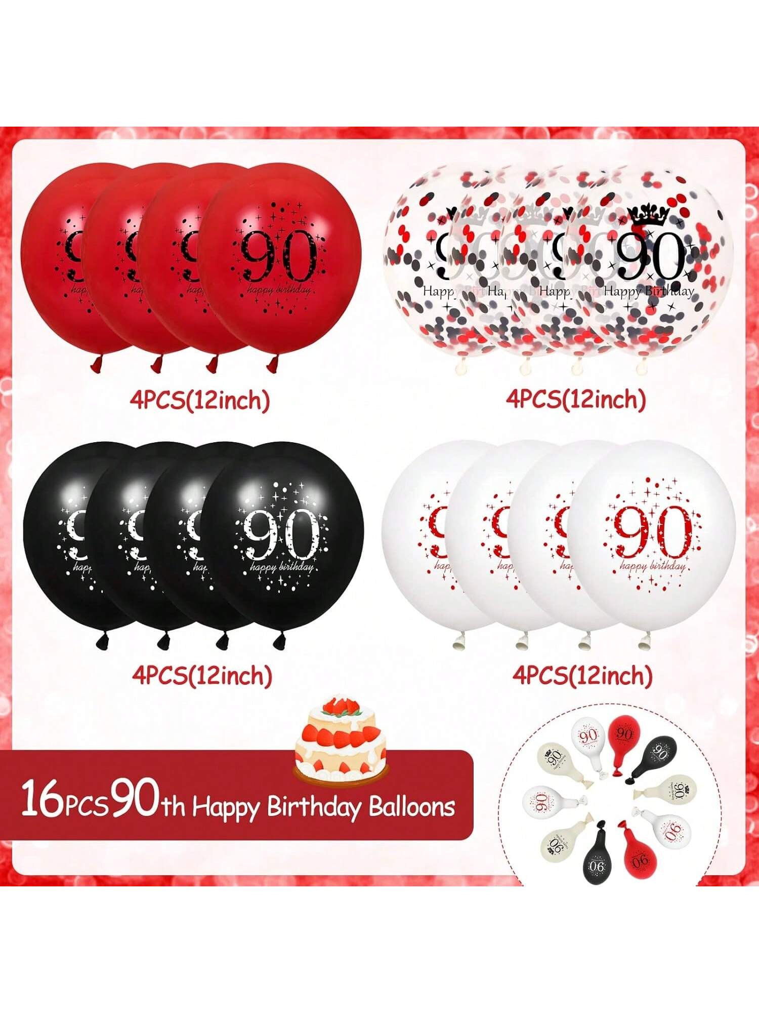 90th Birthday Balloon Set 16-Piece Red and Black for Party Decorations