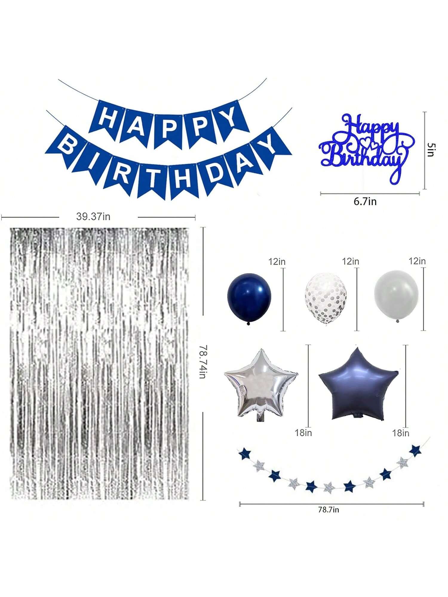 Navy Silver Birthday Party Set Banner Balloons Fringe Curtain Decor