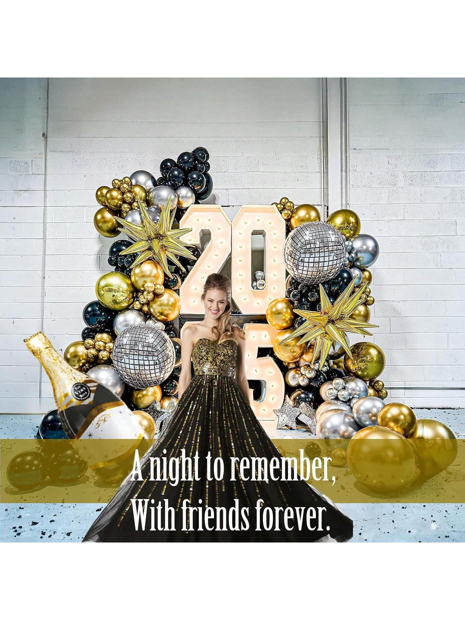 Disco Party Balloon Garland Kit Black Gold Silver NYE & Prom Decor