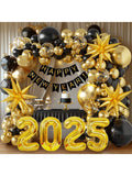 2025 New Year Balloon Arch Kit 140 Pcs Black & Gold With Banner For NYE Party Decorations -