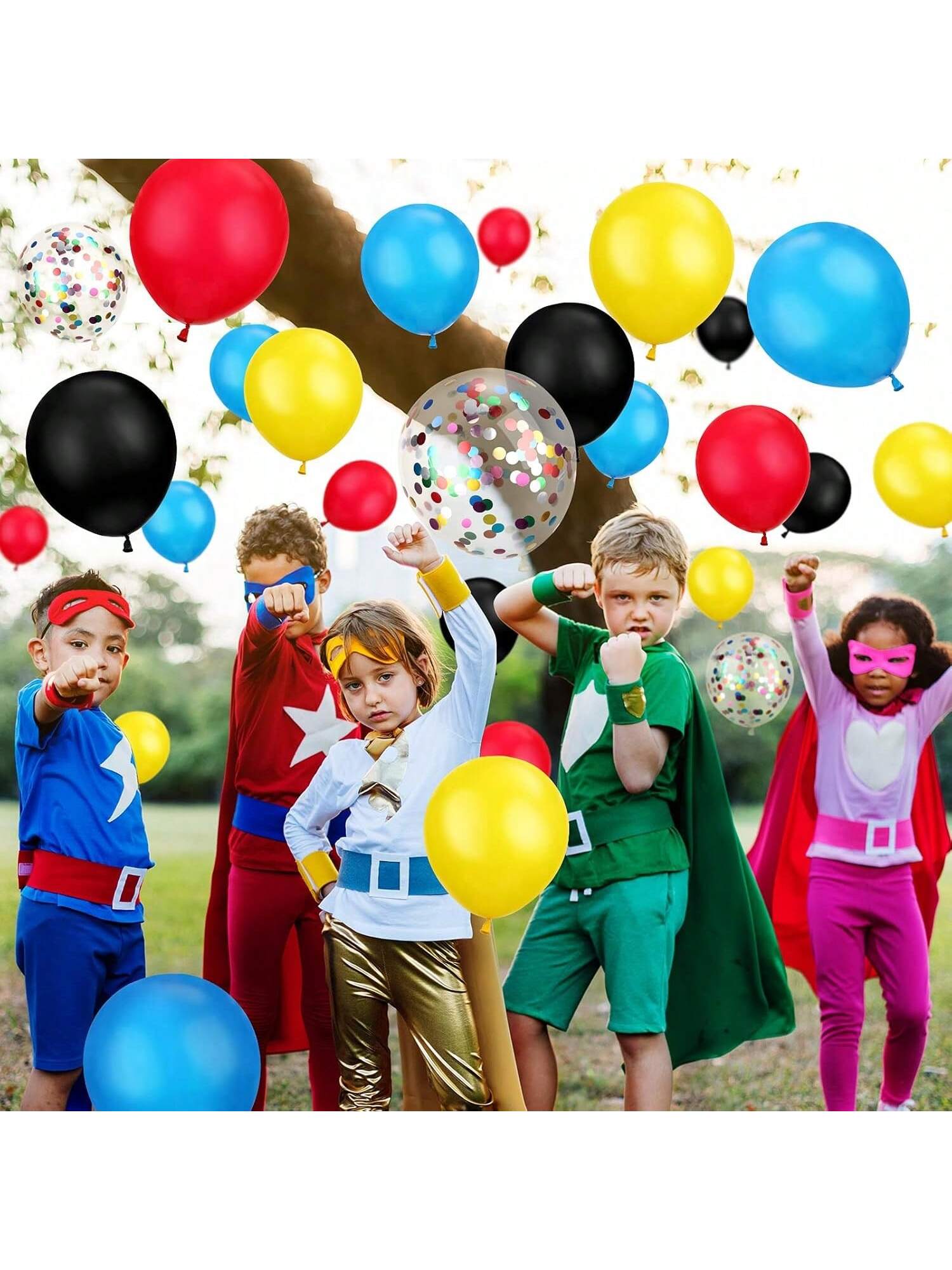 147PCS Theme Balloon Arch Kit in Blue, Red, Yellow & Black with Confetti