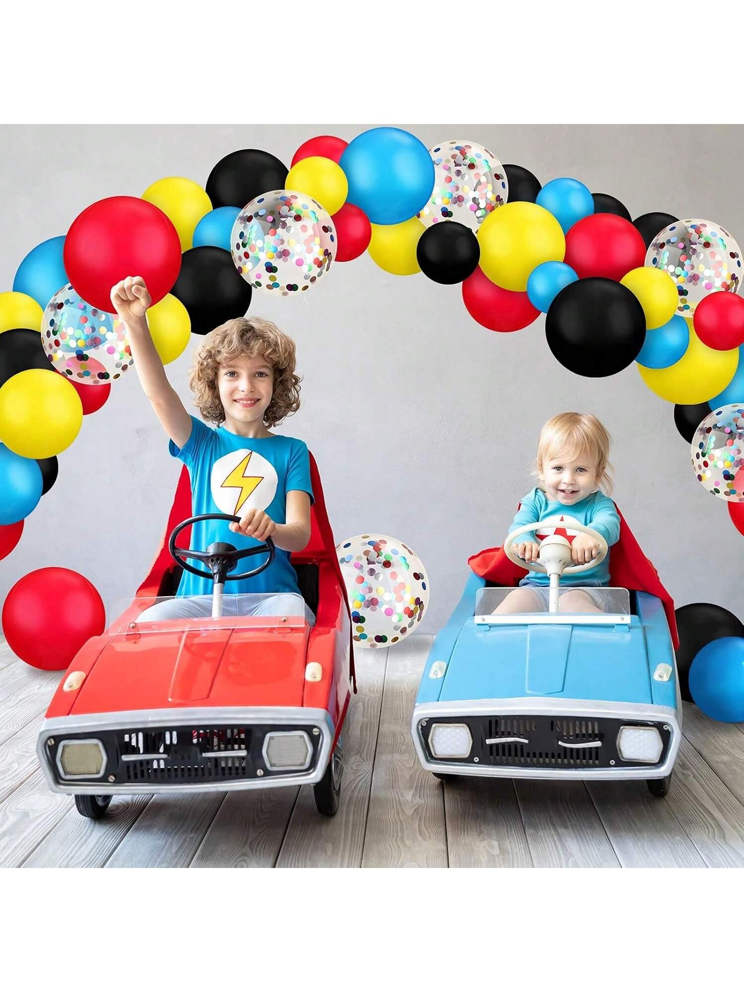 147PCS Theme Balloon Arch Kit in Blue, Red, Yellow & Black with Confetti