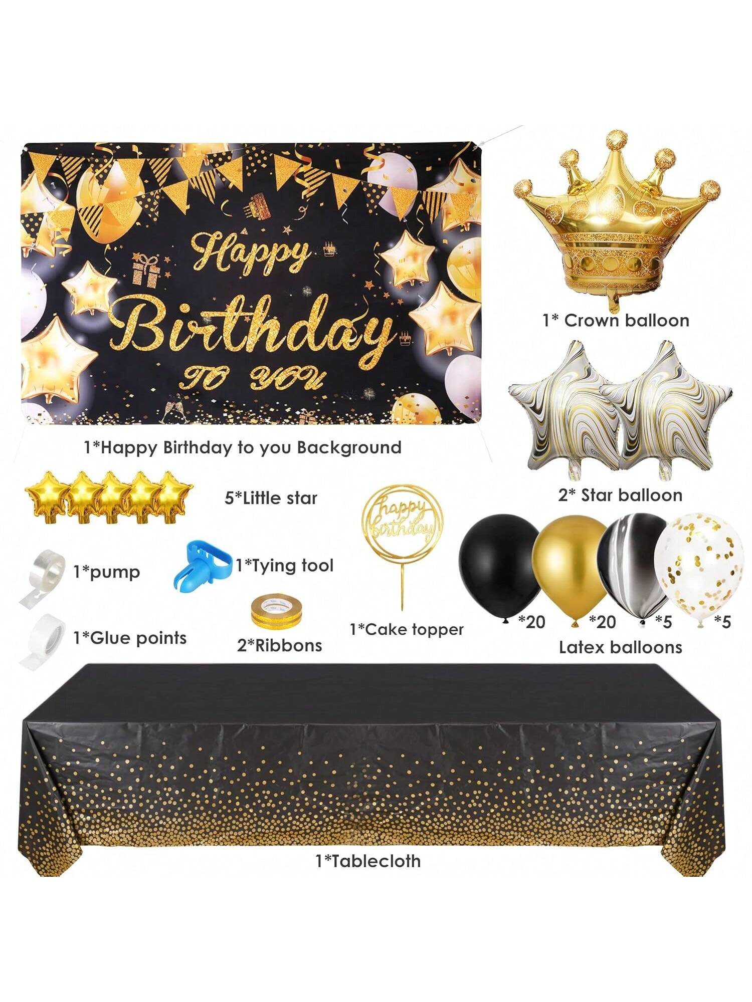 Gold Black Birthday Decorations Banner Balloons & Arch Garland for Milestones