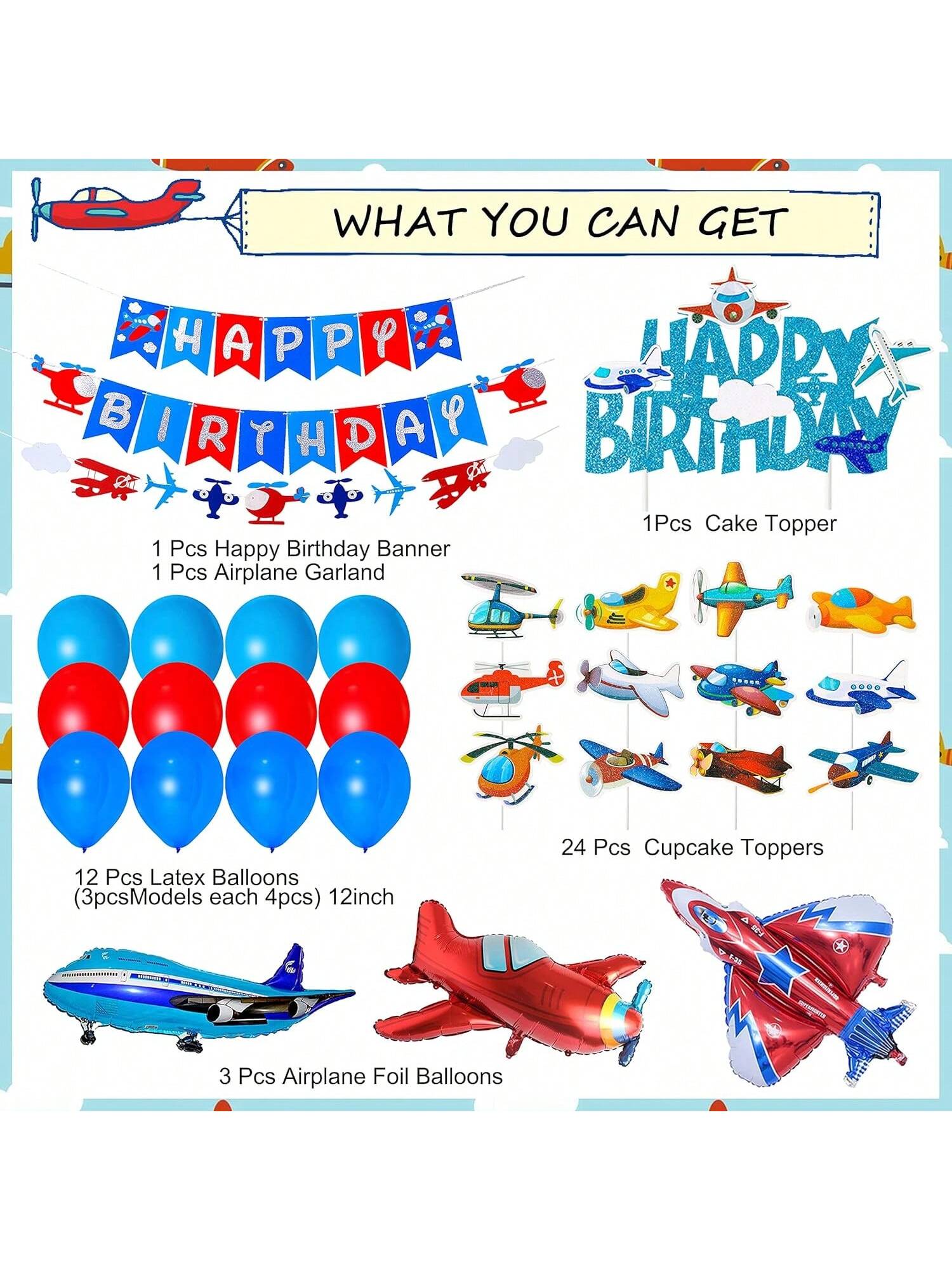 Airplane Birthday Party Decor Garland Banner & Balloons for Travel Theme