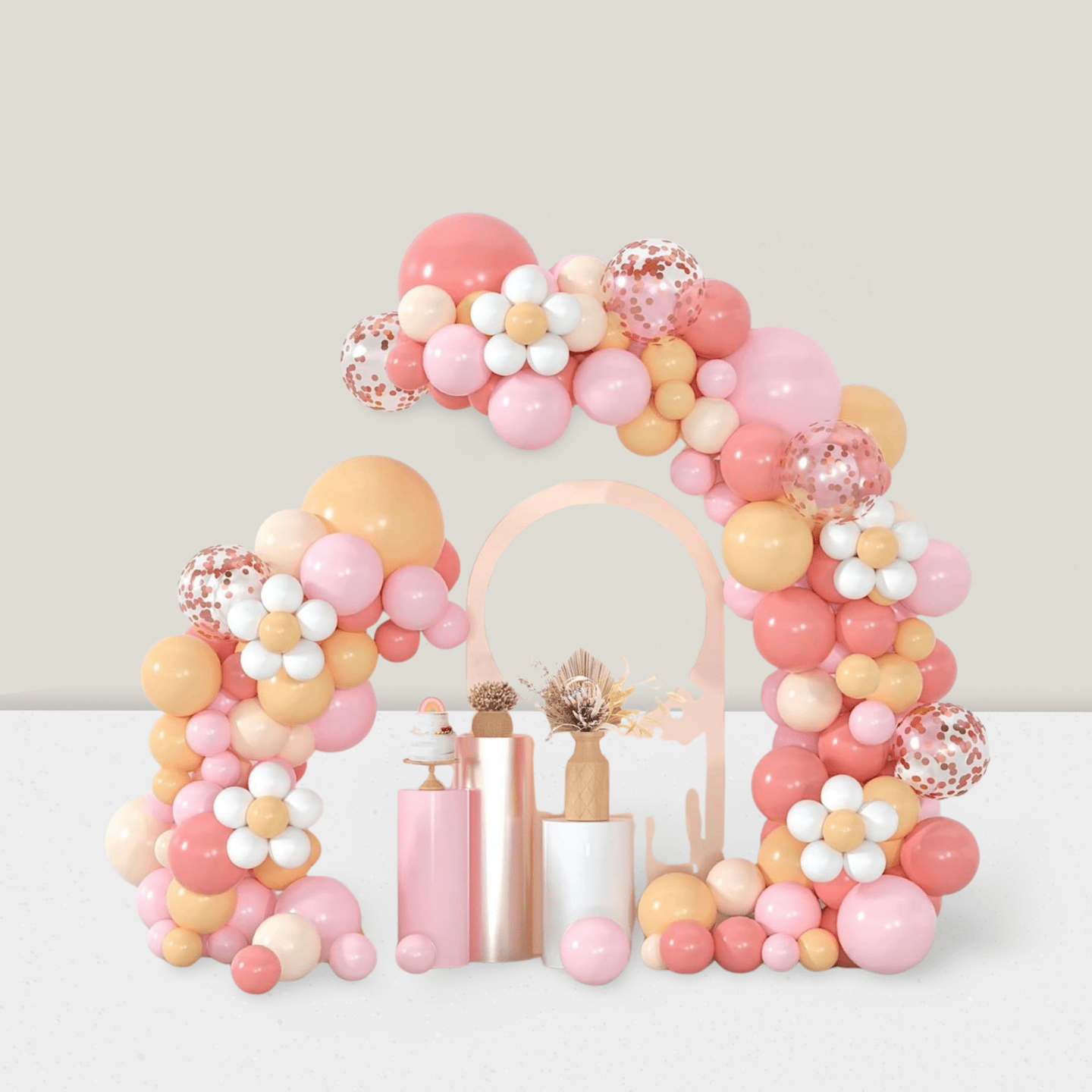 Boho Daisy Balloon Garland Kit with Pink Nude Rose Gold Confetti for Parties