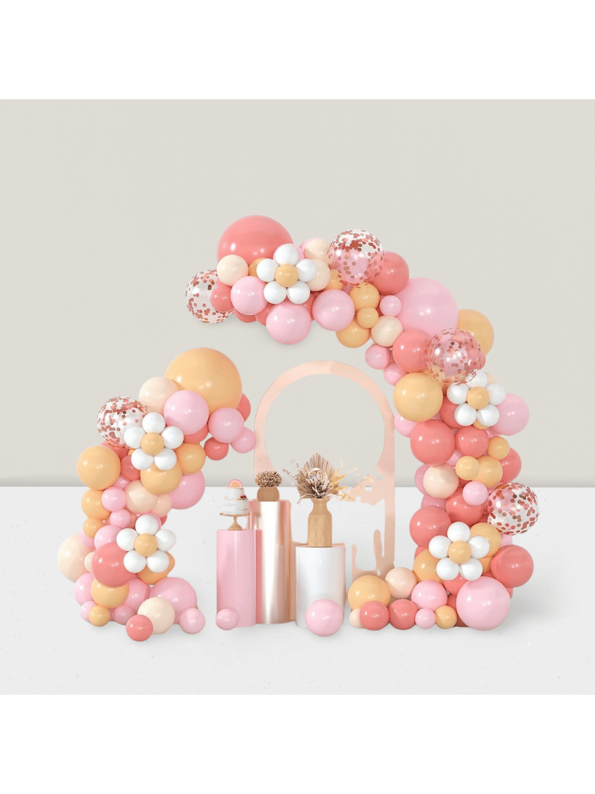 Boho Daisy Balloon Garland Kit with Pink Nude Rose Gold Confetti for Parties