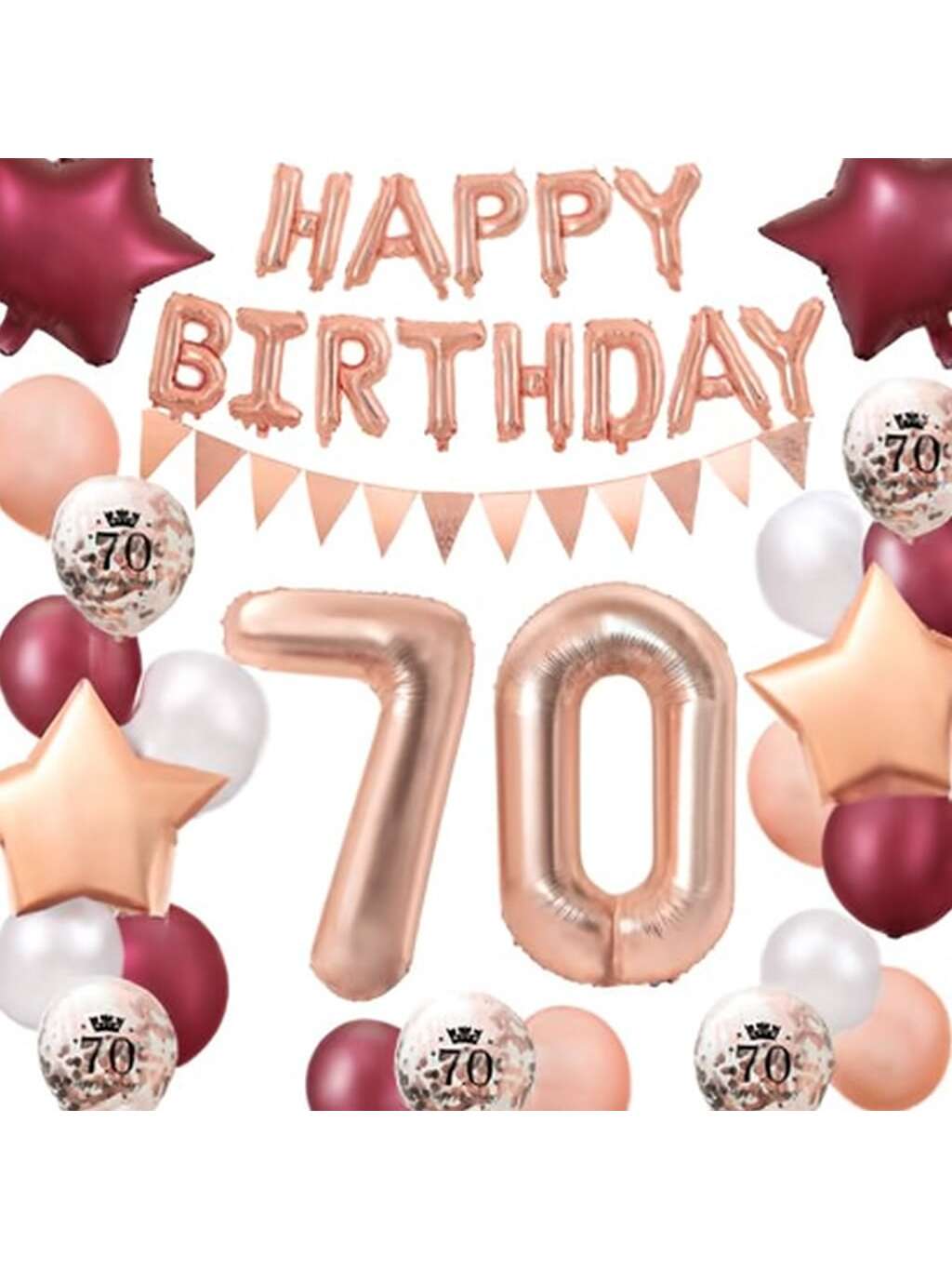 70th Birthday Decorations Women Rose Gold Balloon Wine Red Confetti Banner