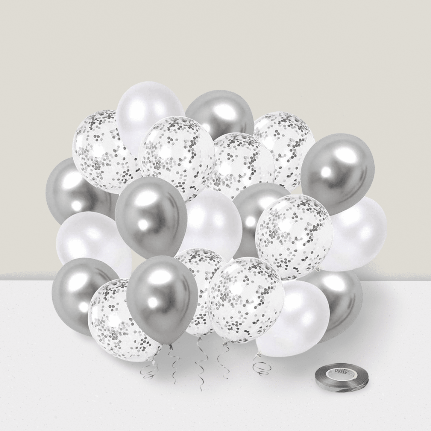 50 Pc 12 Inch White and Silver Confetti Latex Balloons with Ribbon for Wedding or Shower