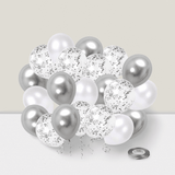 50 Pc 12 Inch White and Silver Confetti Latex Balloons with Ribbon for Wedding or Shower