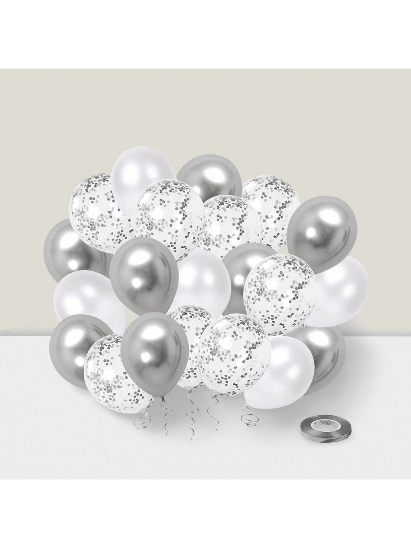 50 Pc 12 Inch White and Silver Confetti Latex Balloons with Ribbon for Wedding or Shower