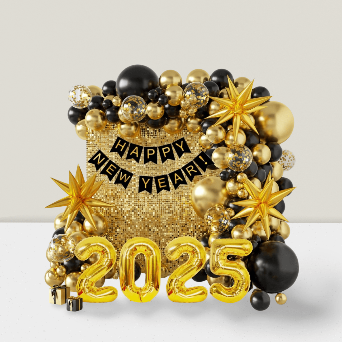 2025 New Year Balloon Arch Kit 140 Pcs Black & Gold With Banner For NYE Party Decorations -