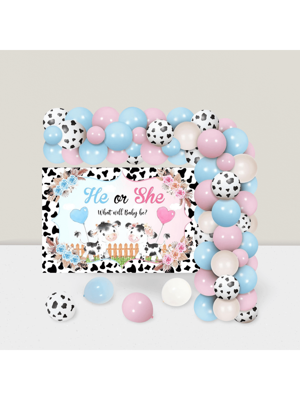 Cow Gender Reveal Balloon Garland Pink & Blue with Backdrop & Foil Balloon