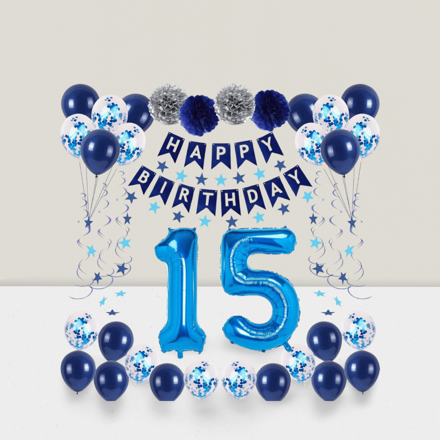 15th Blue Birthday Party Set Banner, Foil 15 Balloons, Streamers & Swirls For Teen