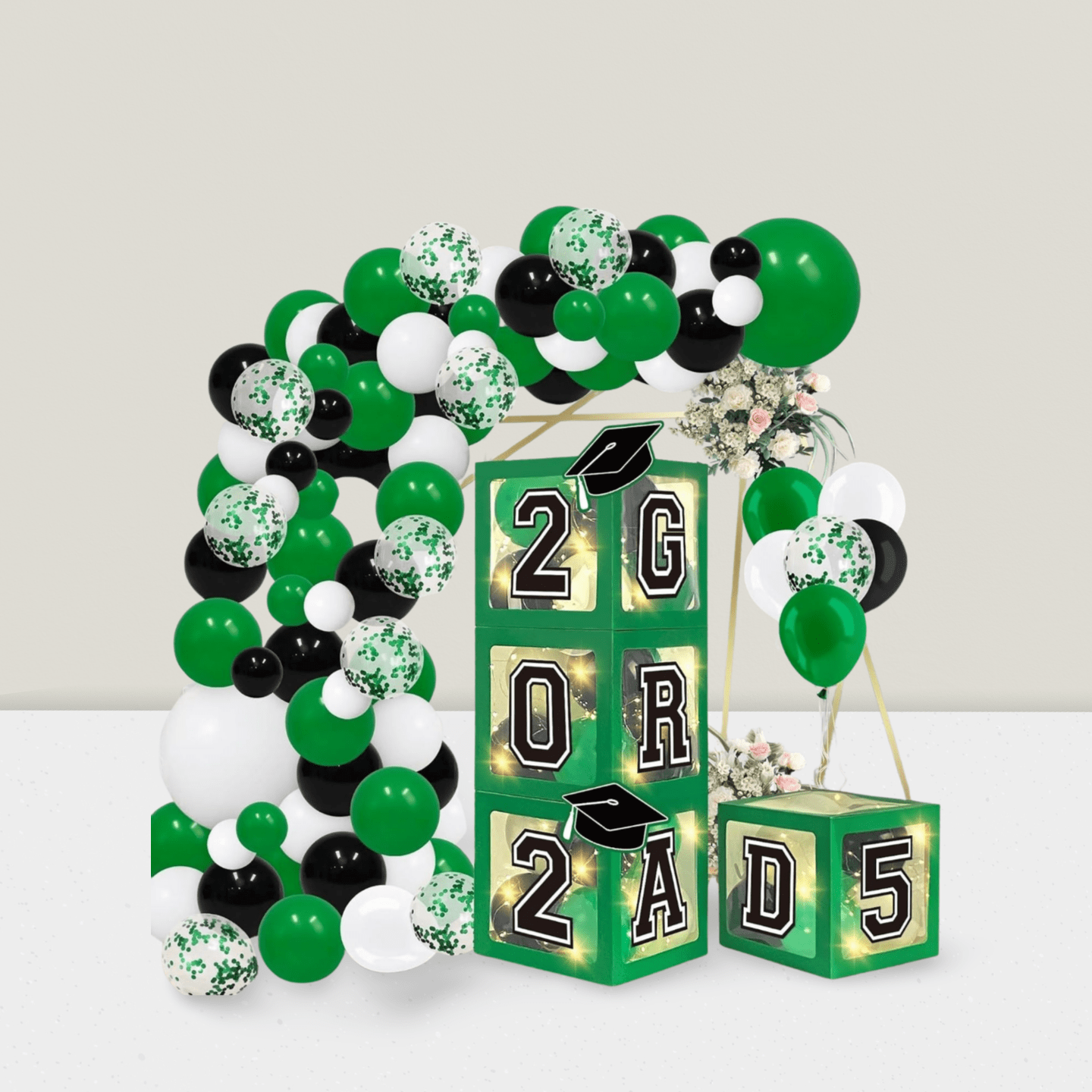Graduation Decorations 2025 4 Green Graduation Boxes With 139 Pcs Balloon Arch Garland Kit & 4 String Lights For Class Of 2025 For Christmas, Halloween And Thanksgiving,