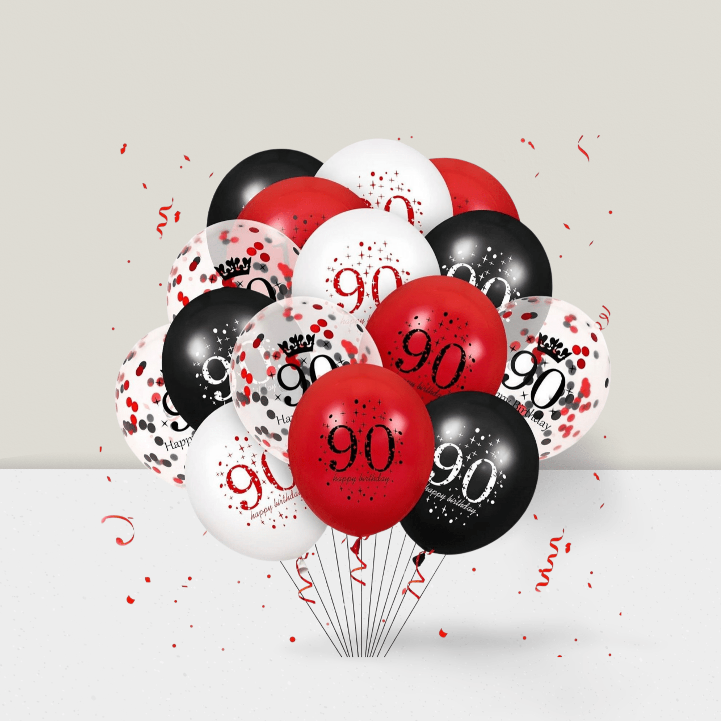 90th Birthday Balloon Set 16-Piece Red and Black for Party Decorations