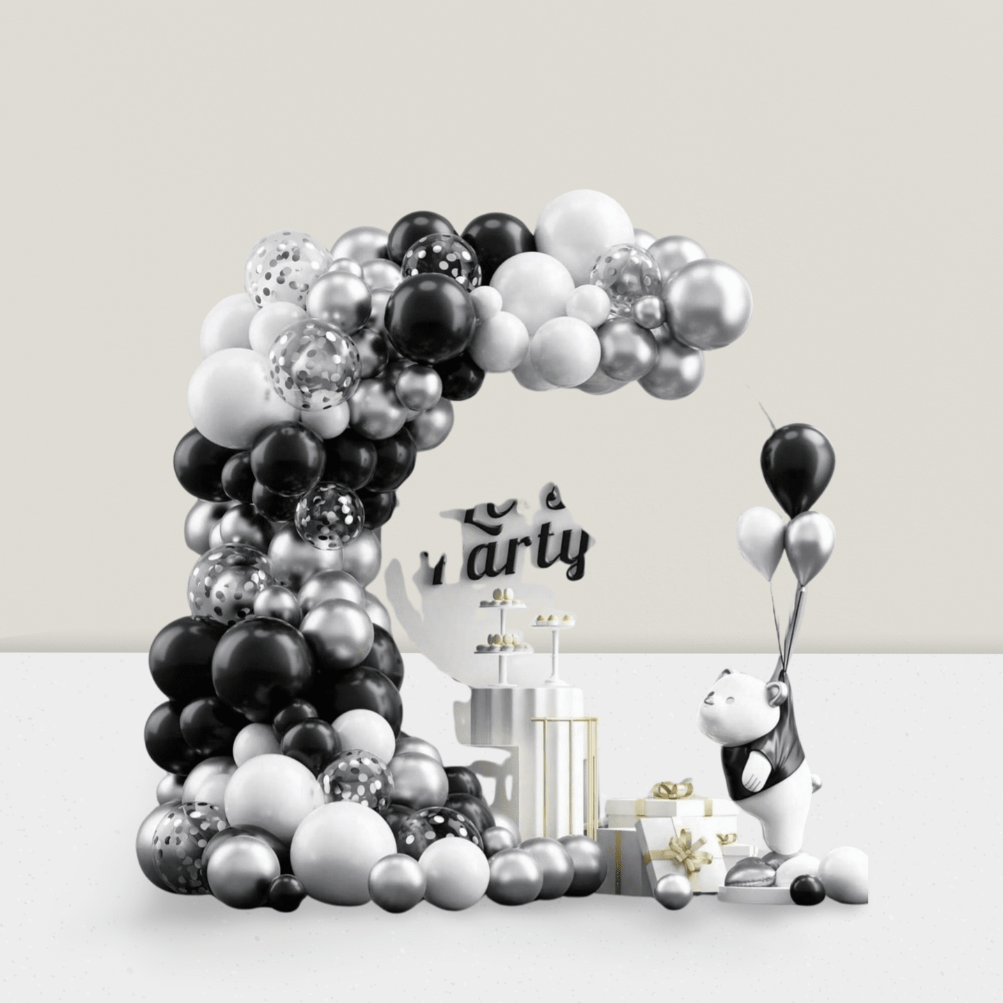 120-Pc Black and Silver Balloon Kit with Confetti Arch for Graduation, Wedding, or Shower