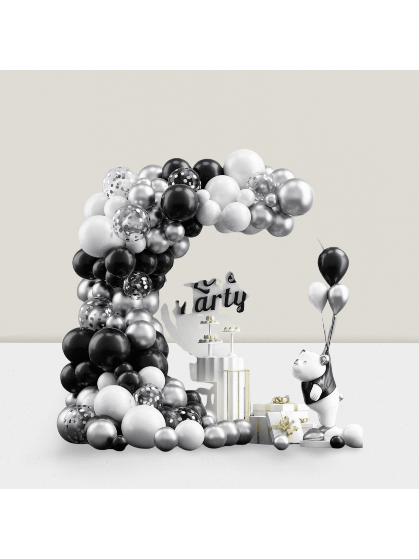120-Pc Black and Silver Balloon Kit with Confetti Arch for Graduation, Wedding, or Shower