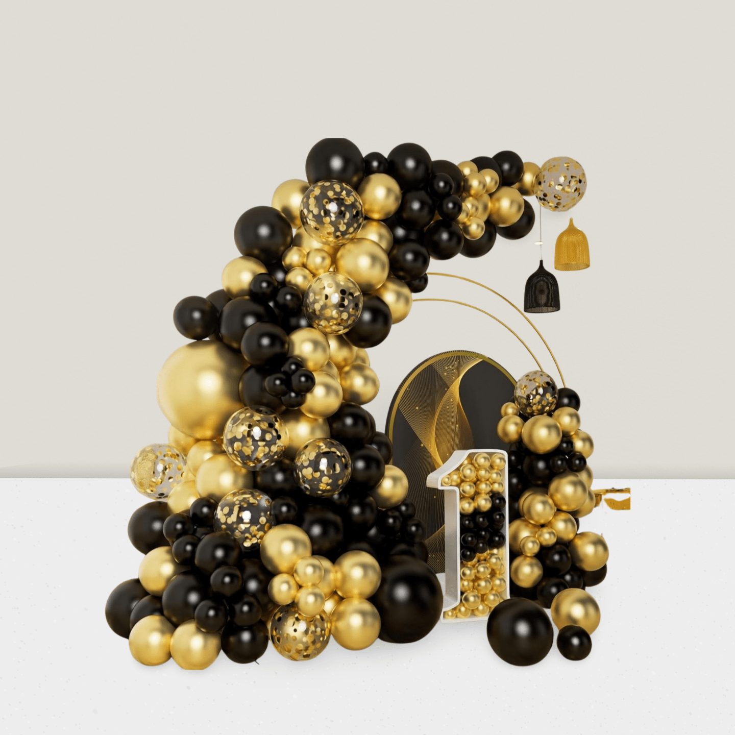 Black and Gold Balloon Garland Arch Kit with Confetti for New Year Birthday and Graduation