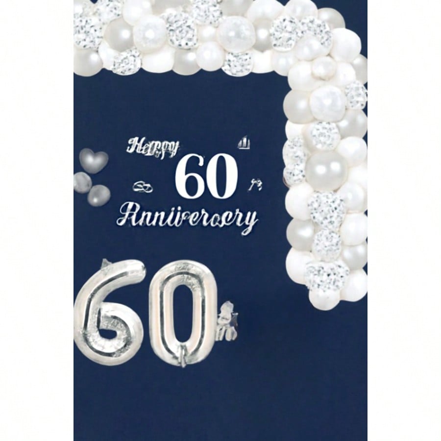 60th Diamond Anniversary Decorations Silver White Balloon Garland Backdrop Cake Topper