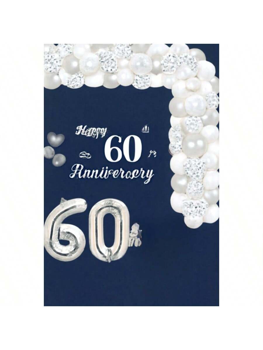 60th Diamond Anniversary Decorations Silver White Balloon Garland Backdrop Cake Topper