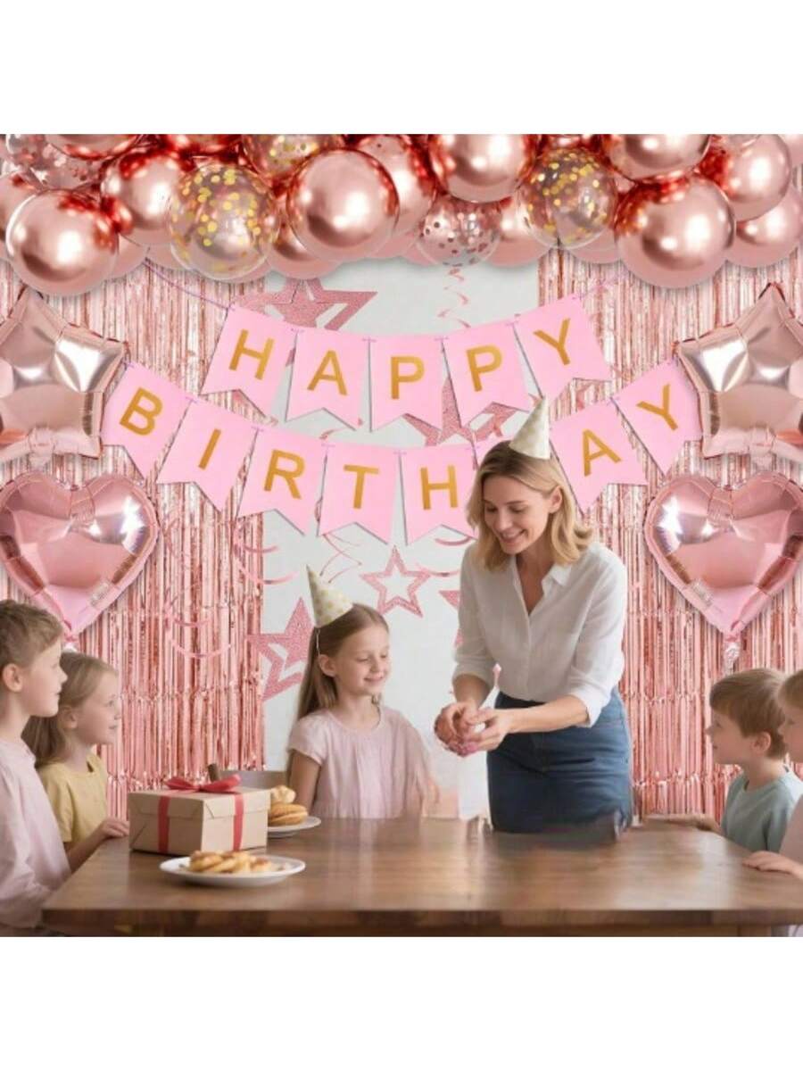 Rose Gold Birthday Party Decor Banner Fringe Curtain Heart Star Balloons Swirls