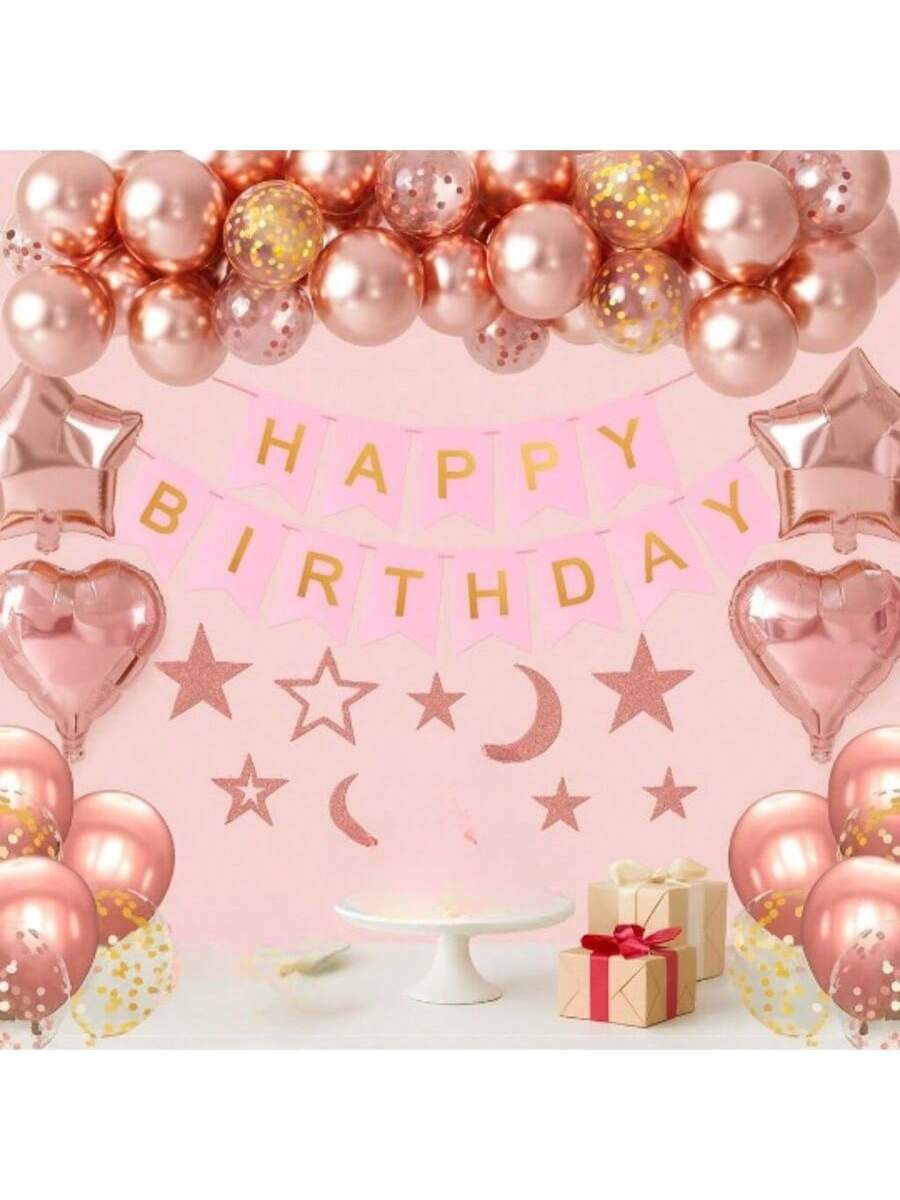 Rose Gold Birthday Party Decor Banner Fringe Curtain Heart Star Balloons Swirls