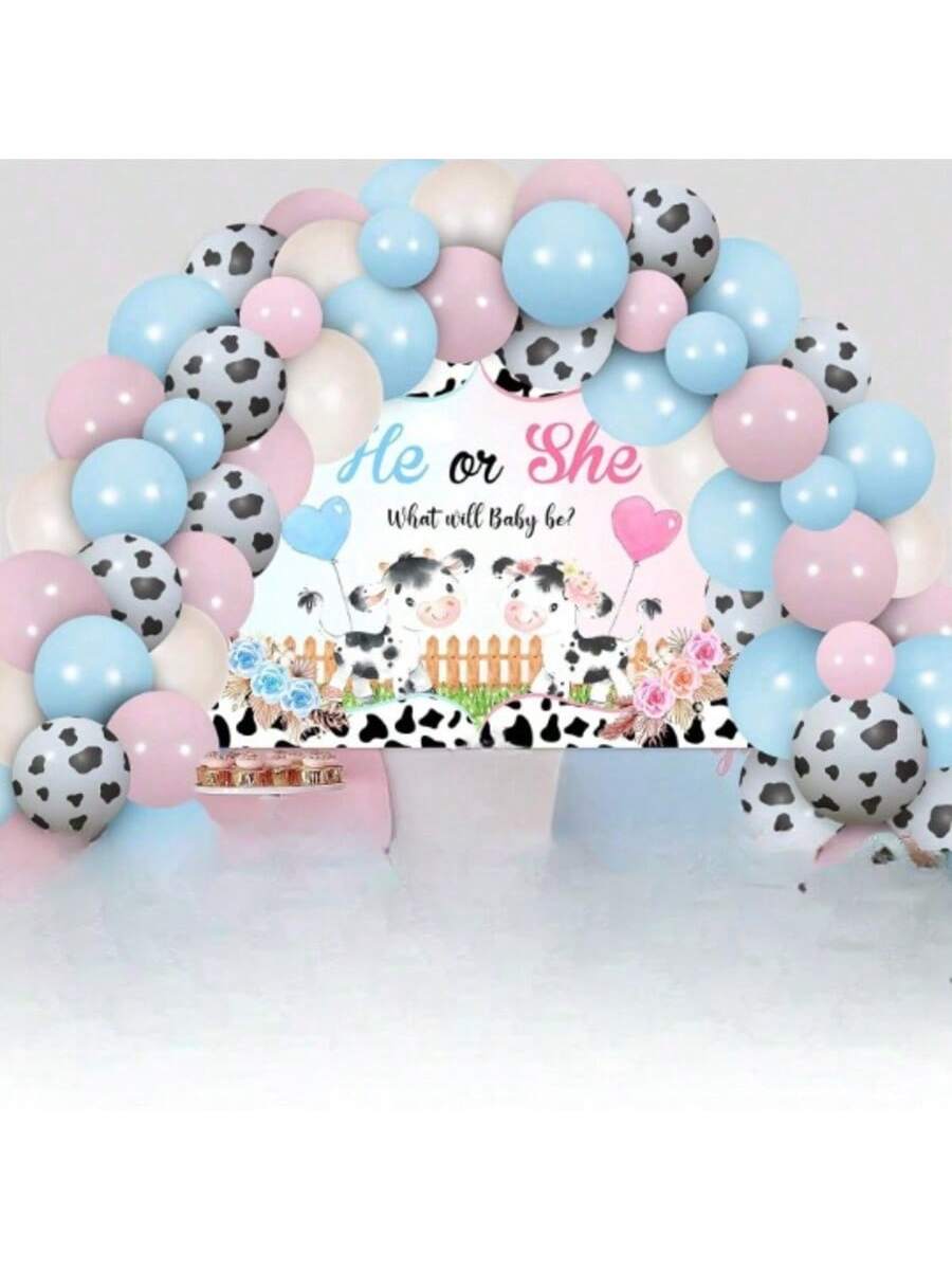 Cow Gender Reveal Balloon Garland Pink & Blue with Backdrop & Foil Balloon