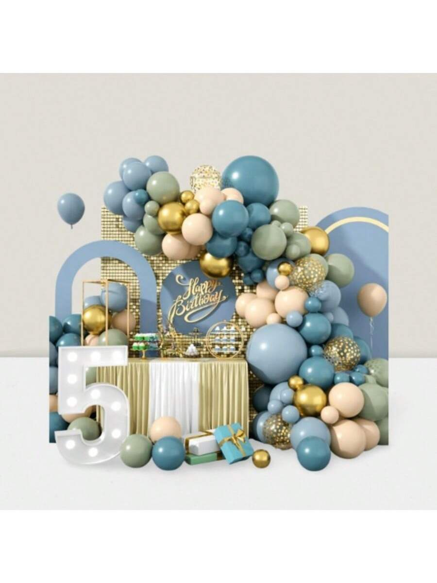Dusty Blue Balloon Garland Kit with Sage Green White & Gold Confetti for Wedding & Shower