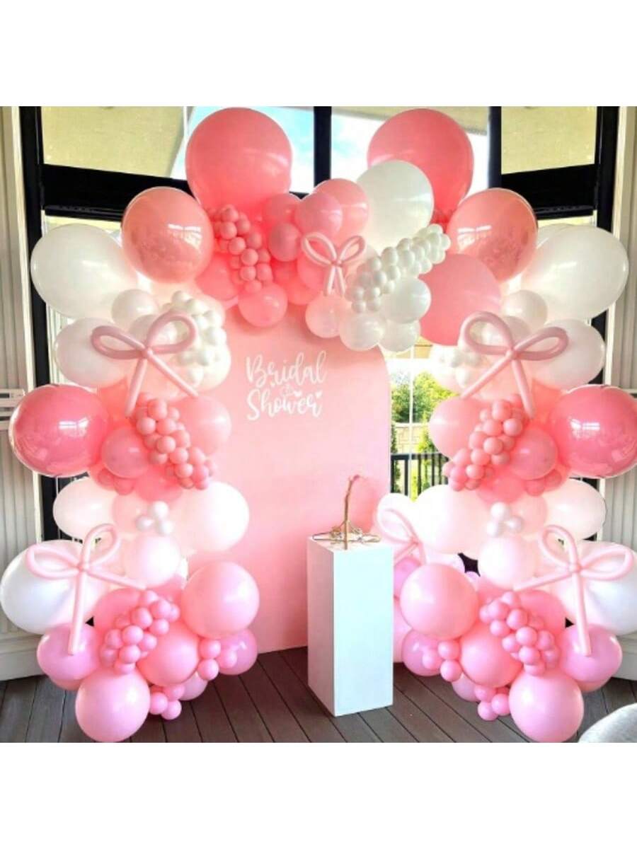 114pc Coquette Pink Bow Balloon Kit with Pastel Pink White Garland for Parties