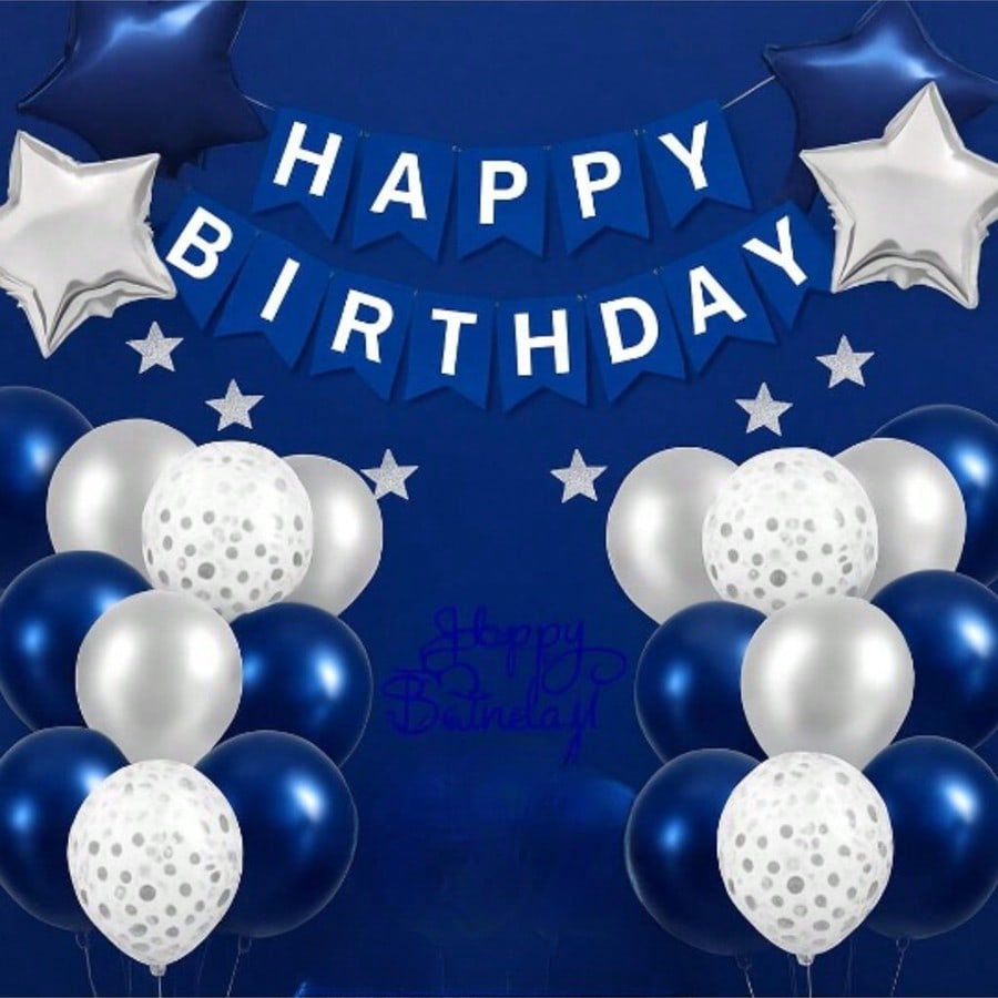 Navy Silver Birthday Party Set Banner Balloons Fringe Curtain Decor