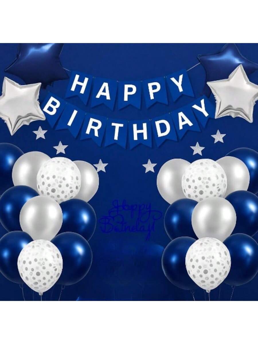Navy Silver Birthday Party Set Banner Balloons Fringe Curtain Decor