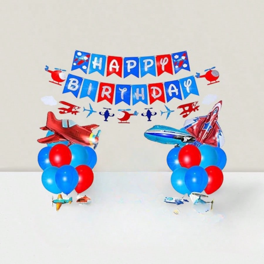 Airplane Birthday Party Decor Garland Banner & Balloons for Travel Theme