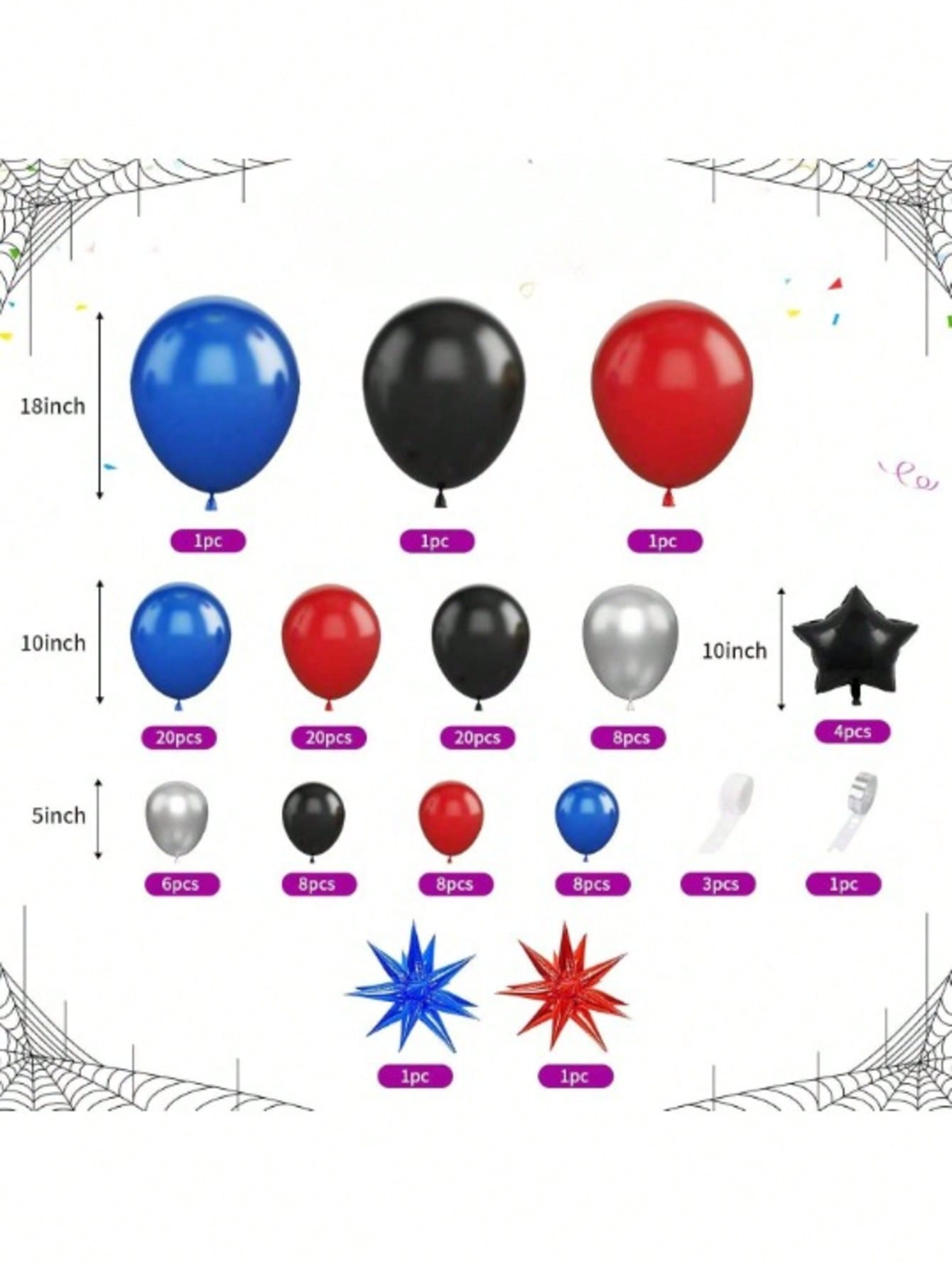 Blue Red Black Balloon Garland Kit with Metallic Silver and Star Foil Balloons