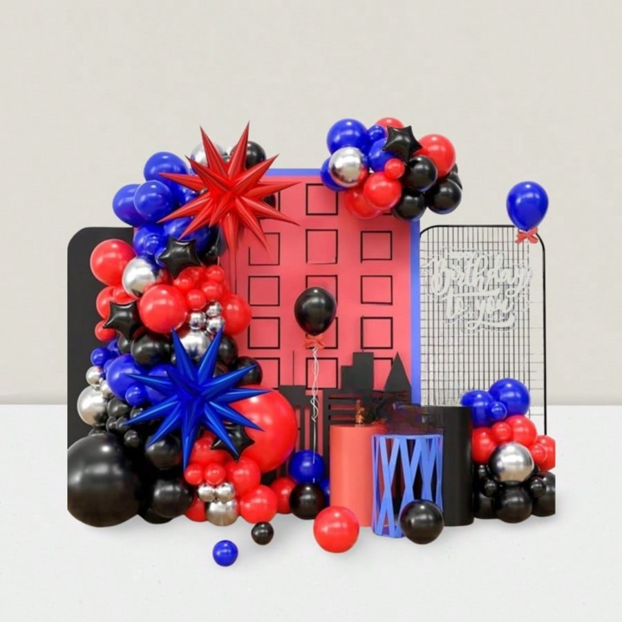 Blue Red Black Balloon Garland Kit with Metallic Silver and Star Foil Balloons