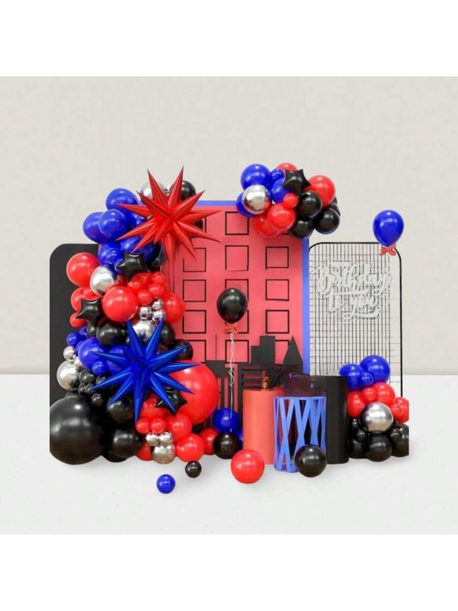 Blue Red Black Balloon Garland Kit with Metallic Silver and Star Foil Balloons