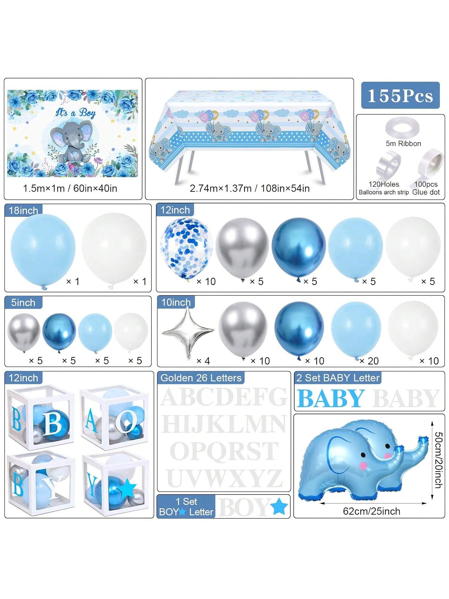 155pc Elephant Shower Kit Blue Balloon Garland, Boxes, Tablecloth & Party Supplies