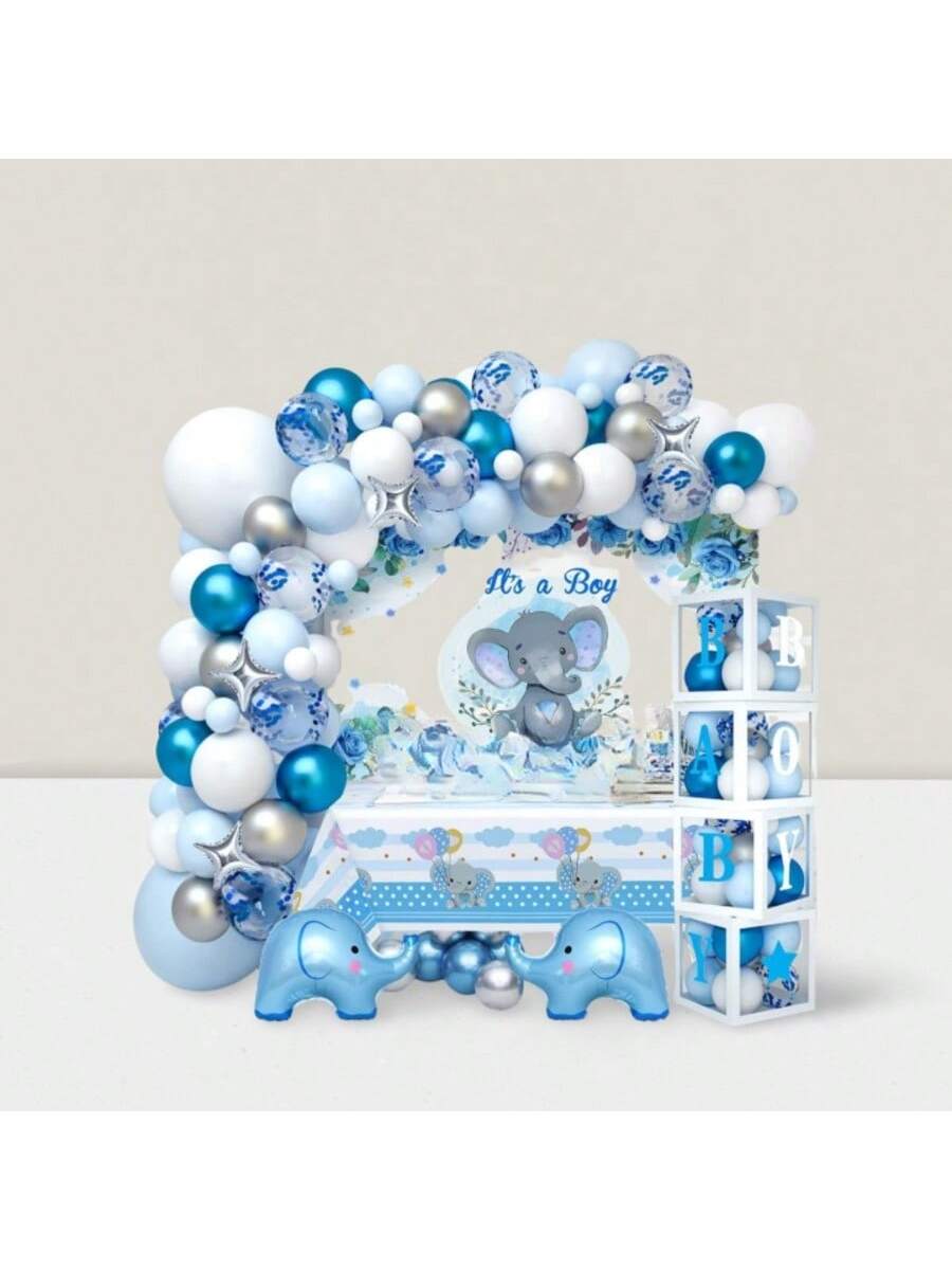 155pc Elephant Shower Kit Blue Balloon Garland, Boxes, Tablecloth & Party Supplies