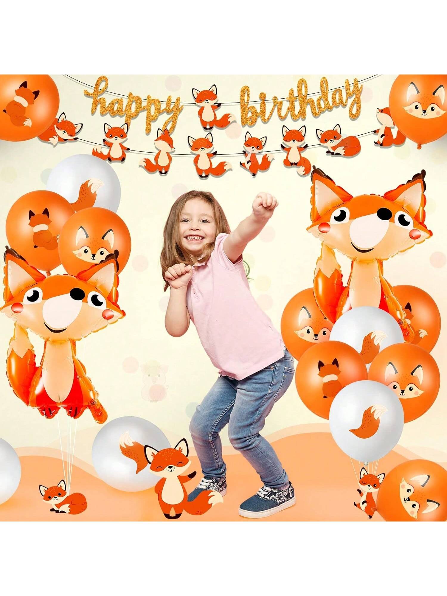 34PCS Jungle Animal Party Decorations with Fox Banner and Balloons