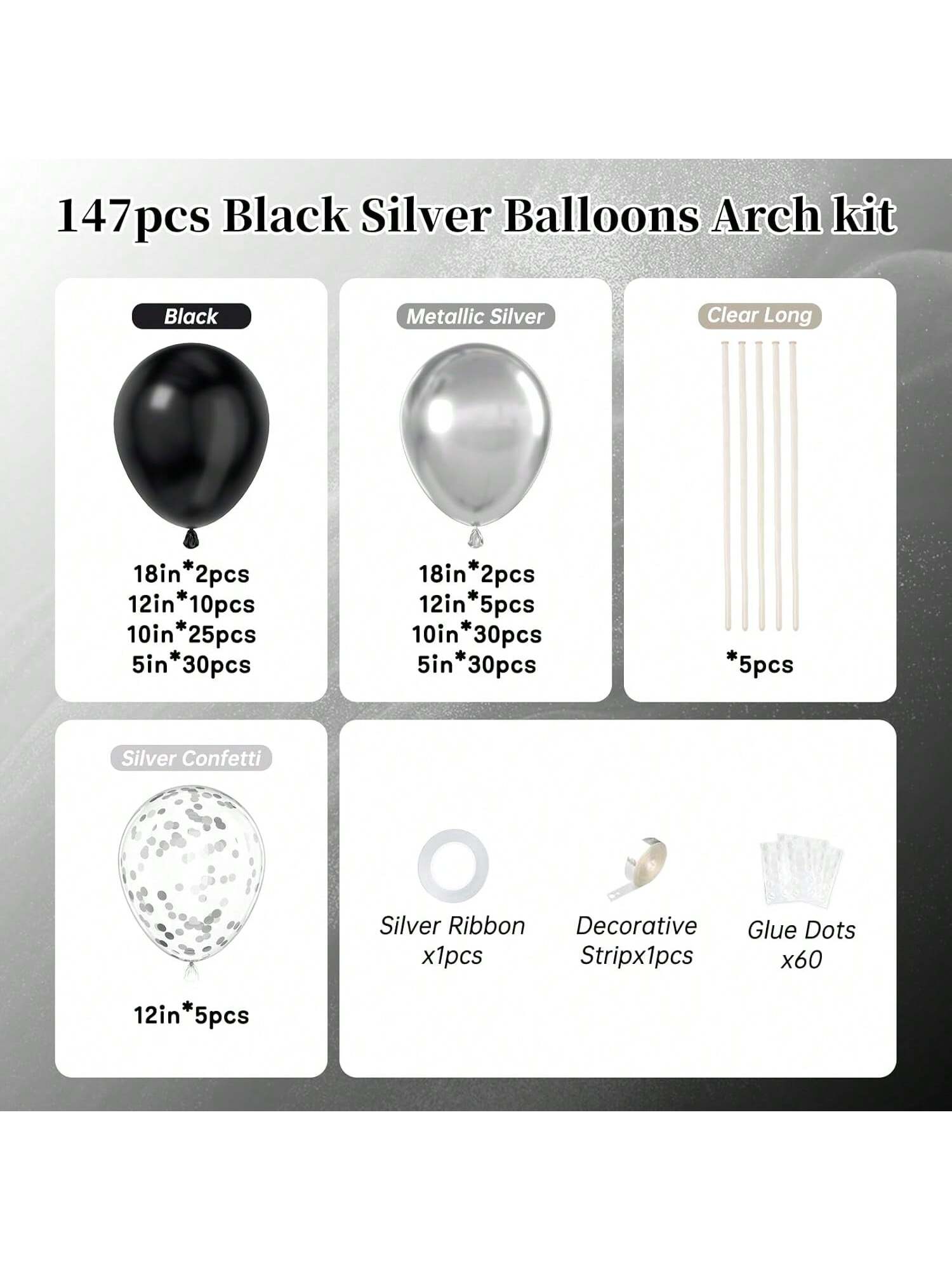 147 Black and Silver Balloon Arch Kit for Birthday Graduation and New Year Decor