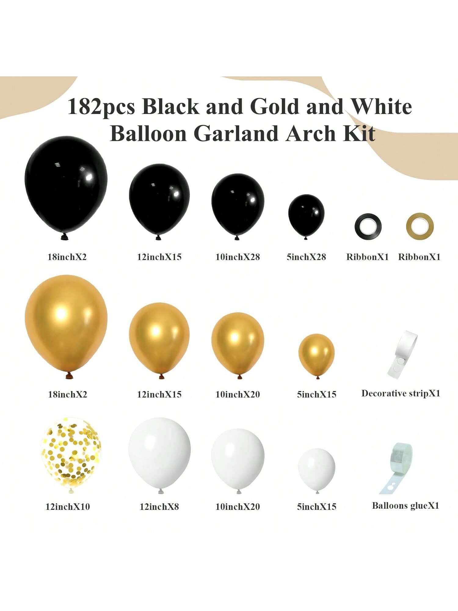 182pcs Black Gold Balloon Arch Kit with Confetti for Graduations & Parties