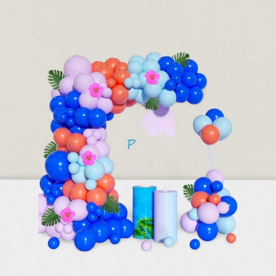 136-Pc Purple and Blue Balloon Arch Kit with Tropical Leaves and Flowers for Party