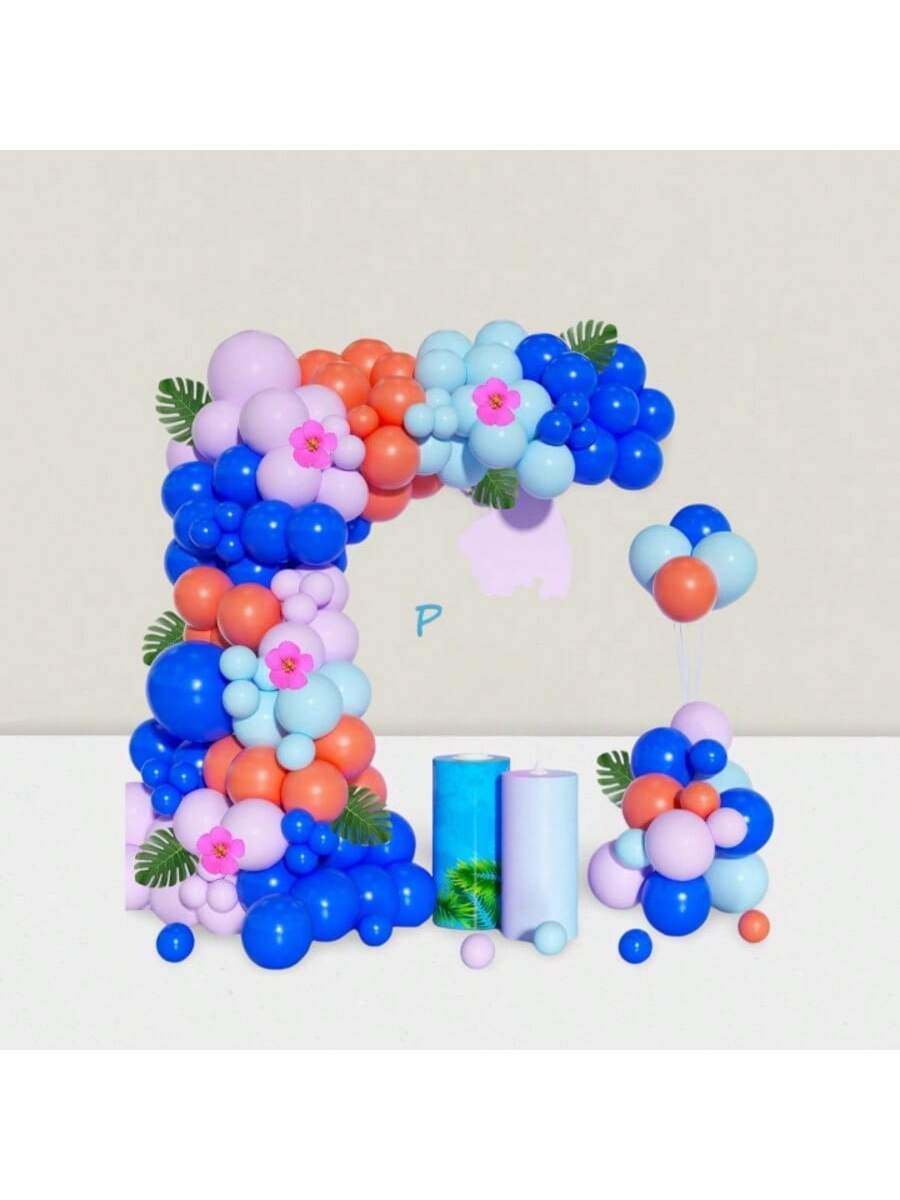 136-Pc Purple and Blue Balloon Arch Kit with Tropical Leaves and Flowers for Party