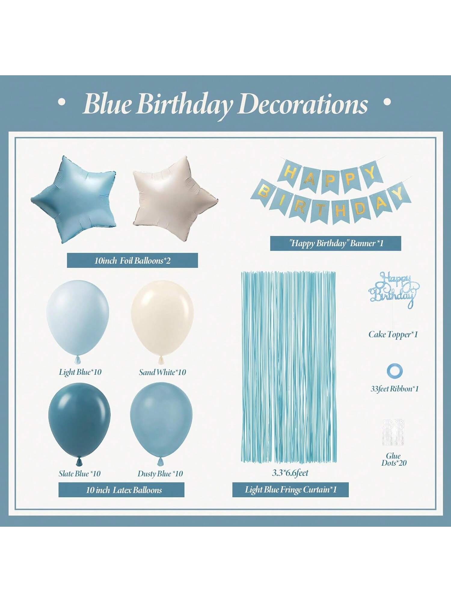 Blue Birthday Decorations for Men with Dusty Blue and White Balloons Banner and Curtains