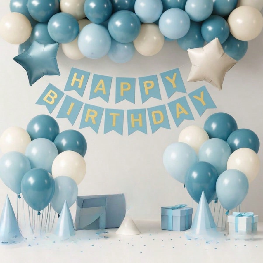 Blue Birthday Decorations for Men with Dusty Blue and White Balloons Banner and Curtains