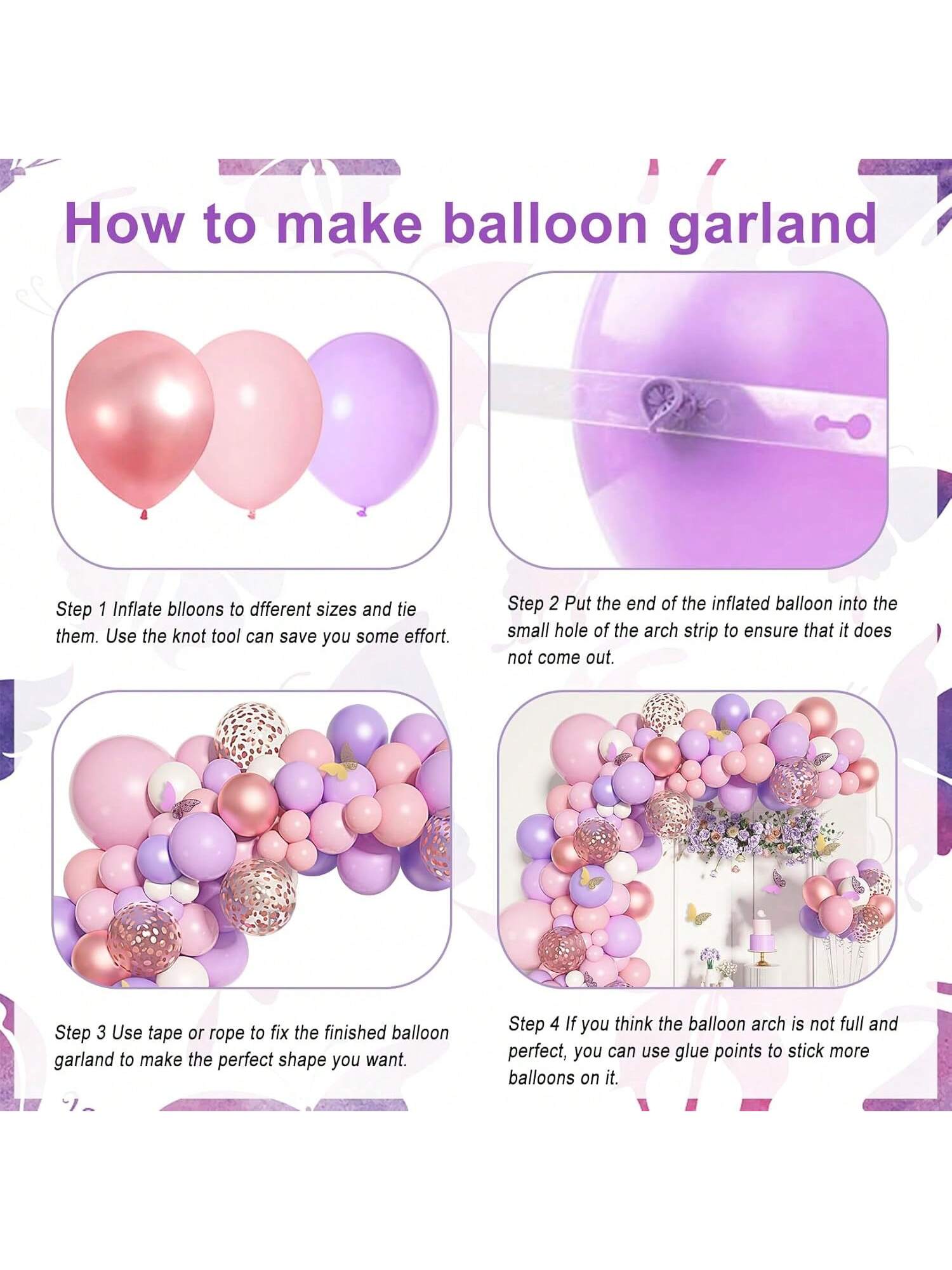 151-Pc Pink Balloon Arch Kit with Rose Gold, White, Purple, Confetti, and Stickers