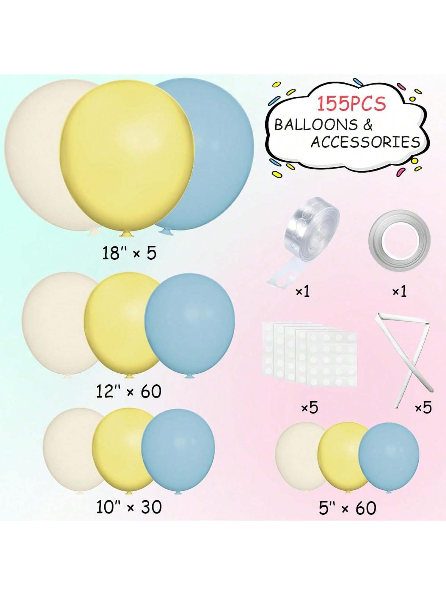 155pcs Blue Yellow White Balloon Arch Kit 18-5" for Parties Weddings